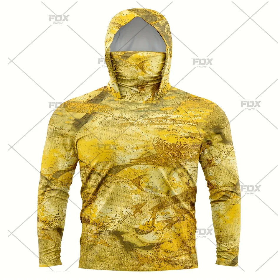 Army Green Camo Colorful Hoodie with Face Mask UV 50+Gaiter Fishing Clothing Men's Long sleeved Breathable Quick Drying T-shirt