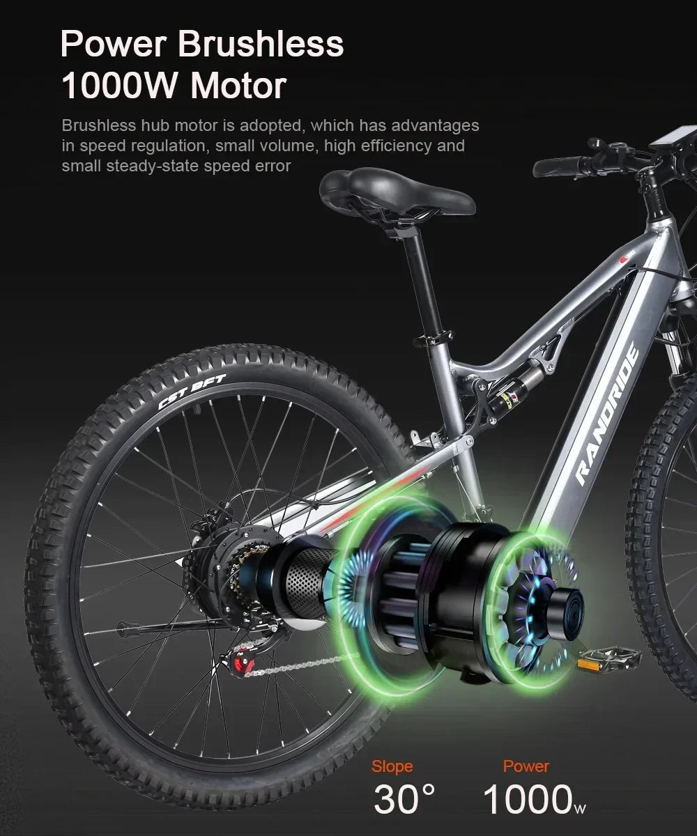 Electric Bicycle RANDRIDE YG90 1000W 48V17AH Hydraulic Brake E-bike with Full Suspension  21 Gears Shift Free Rack Electric bike
