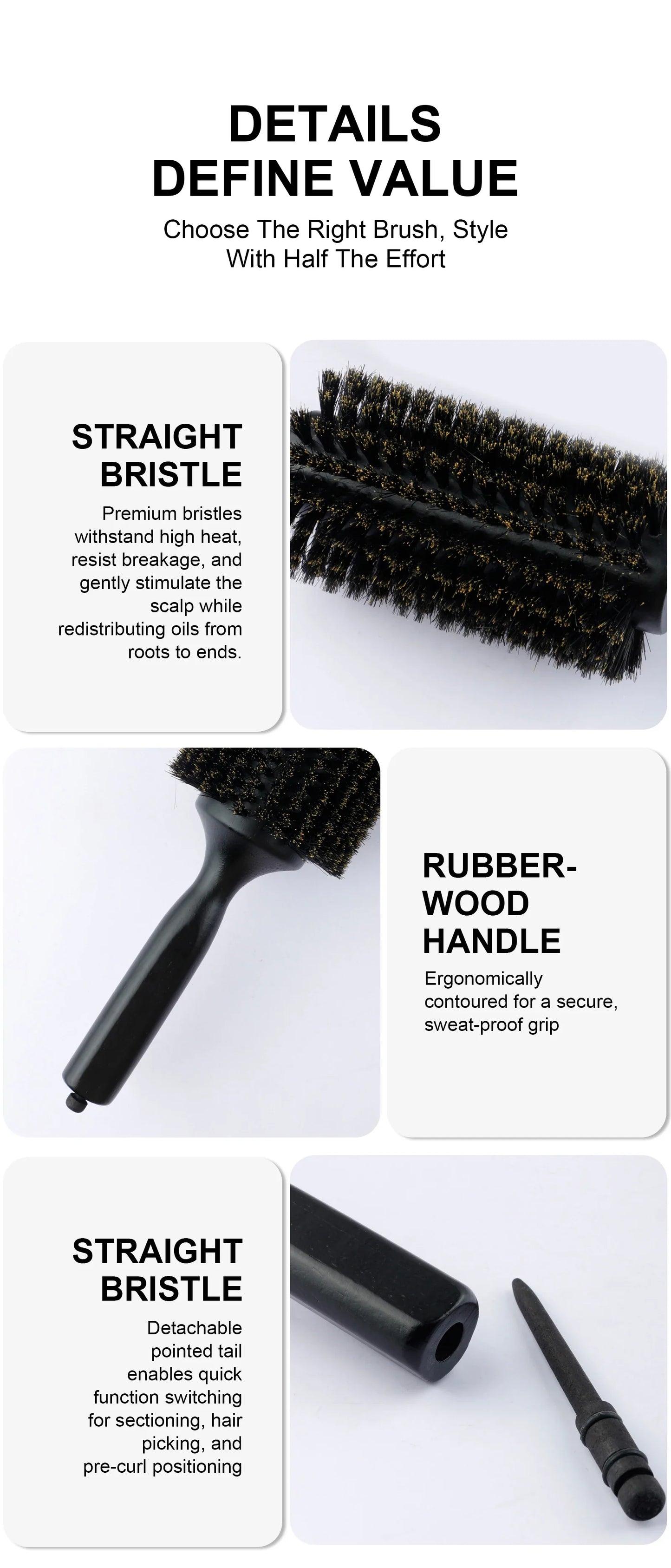 6 Sizes Boar Bristle Round Hair Brush Curly Hair Styling Comb Professional Removable Tail Barber Hairdresser Round Rolling Comb