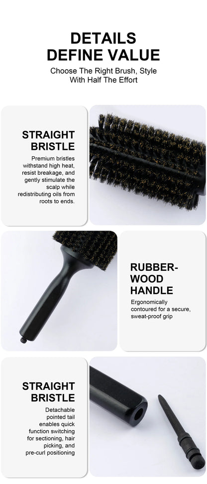 6 Sizes Boar Bristle Round Hair Brush Curly Hair Styling Comb Professional Removable Tail Barber Hairdresser Round Rolling Comb