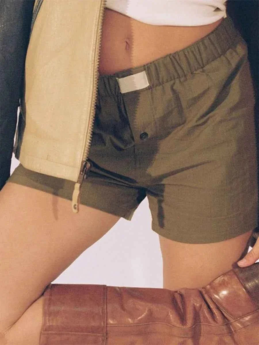 Women’s Y2K Retro Cleanfit Plaid Print Elastic Low Waist Button Front Aesthetic Loungewear Loose Shorts Boxers Streetwear
