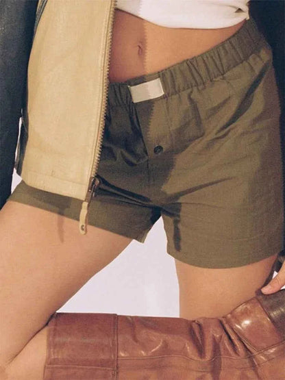 Women’s Y2K Retro Cleanfit Plaid Print Elastic Low Waist Button Front Aesthetic Loungewear Loose Shorts Boxers Streetwear