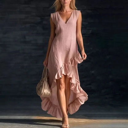 Summer Hot Casual Sleeveless Ruffle Bohemian Dress Women Sexy V Neck Solid Irregular Long Dress Spring Elegant Loose Party Dress