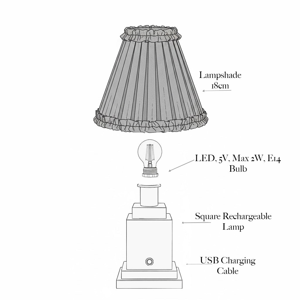 Square Rechargeable Lamp with Brown Frilled Silk Shade (18cm)