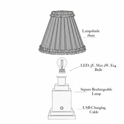 Square Rechargeable Lamp with Brown Frilled Silk Shade (18cm)