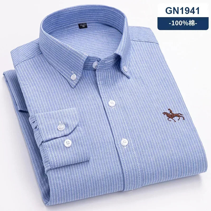 S~7XL 100% Pure Cotton Men's Long Sleeve Oxford Spinning Shirt Business Leisure Embroidery Pocket Slim Fit Button Style Soft Med