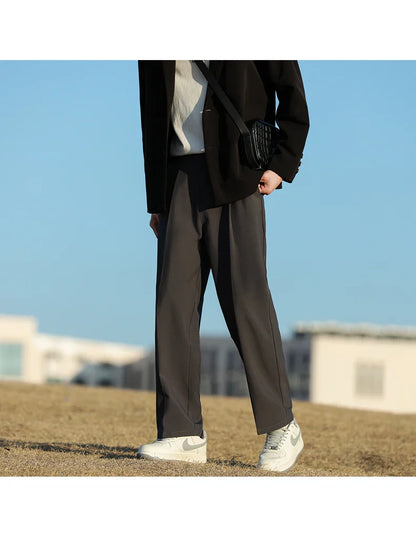 Spring Summer Men Suit Pants Wide Leg Long Drape Trousers Fashion Streetwear Clothing Solid Stretch Waist Oversize Pants Black