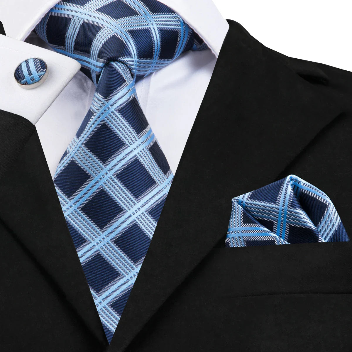 Hi-Tie Light Blue Solid Silk Wedding Nicktie For Men Hanky Cufflink Gift Men Tie Set Business Party Dropshipping Novelty Design