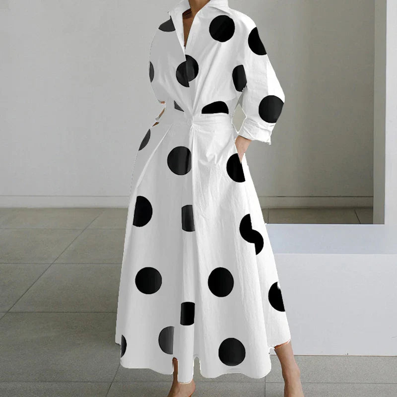Fashion Dress Women Spring New Long Sleeve Turn-down Collar High Waist Print Button Elegant Big Hem Loose Commute Female Dress