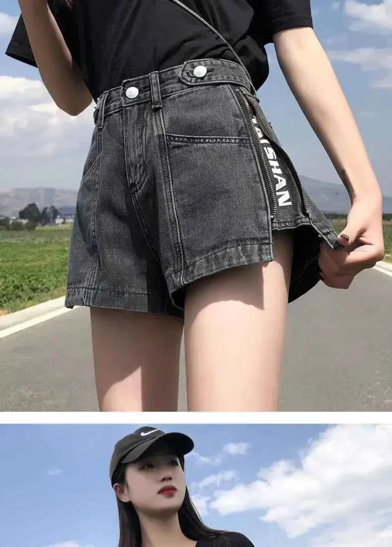 Women's Korean Y2K Black Denim Shorts Summer Thin High Waist A-Line Loose Wide Leg Slimming Hot Pants
