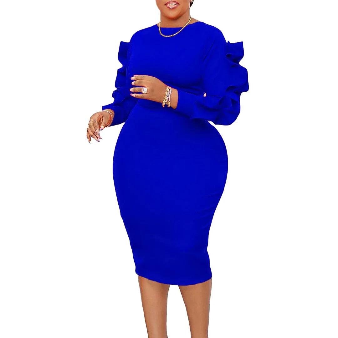 Elegant Office Dresses for Woman 2024 New O Neck Petal Sleeve Sheath Package Hips Mid Calf Formal Business Work Wear Dress Midi