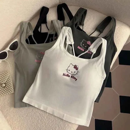 Summer Cute Girly Style HelloKitty Printed Suspender Vest with Chest Pad Slim Pinch Waist Versatile Vintage Top