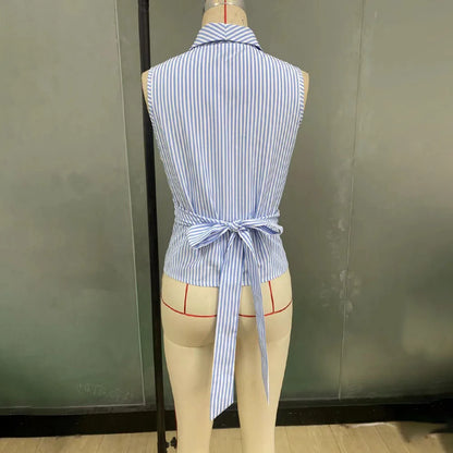 Casual Strap Waist Slim Vest Shirt Women 2025 Summer Fashion Sleeveless Striped Print Blouse Tops Female Elegant