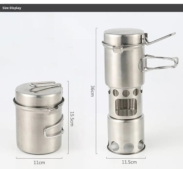 Portable Stainless Steel Wood Burning Camp Stove Set with 304 Cookware Pot for Outdoor Camping New