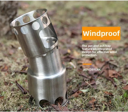 Portable Stainless Steel Wood Burning Camp Stove Set with 304 Cookware Pot for Outdoor Camping New