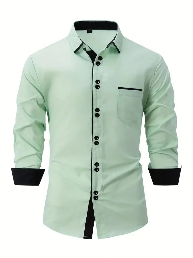 Men's Shirt Business Casual Comfortable Cotton Lapel Color Matching Pocket Holiday Long Sleeve Top
