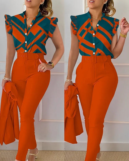 Elegant Women Two Piece Set Suits New Fashion Printed Ruffle Sleeve Top Solid Color Pants Set With Belt  Blouses Female Clothing