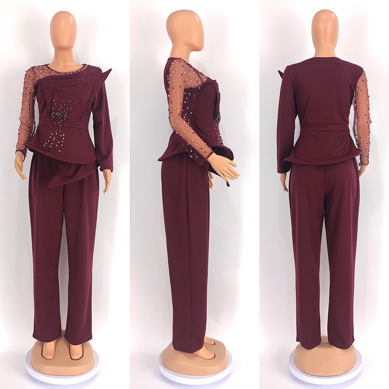 CM.YAYA Vintage Women  Beading Mesh Patchwork Ruffles Fan-shaped Blazer Tops and Pants Suit Two 2 Piece Set Outfits Tracksuit