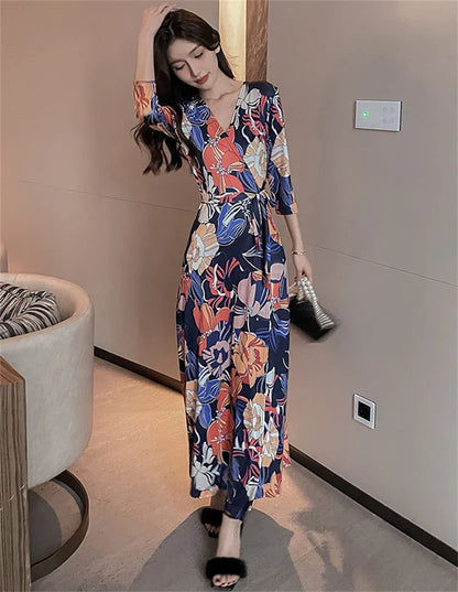 FANIECES Summer Wrap Dresses Women Sexy V Neck Split Maxi Dress Print Female Casual Beachwear Lace Up Party Vestidos Robe платье