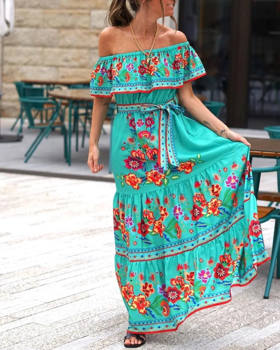 2024 Spring Summer Women's New Sexy One Shoulder Off Shoulder Fashion Red Flower Printed Lace Up Waist Long Swing Dress