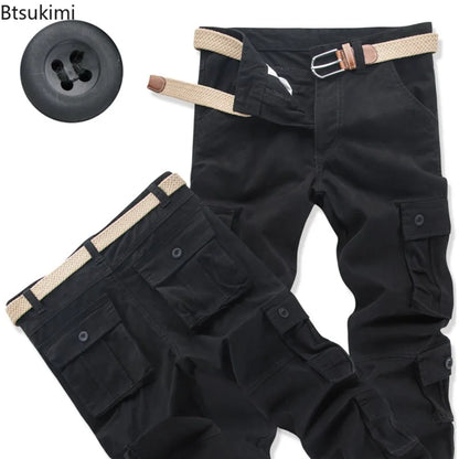 Men's Cotton Cargo Pants – Loose Fit, Multi-Pocket, Camo & Black, Waist 31-36