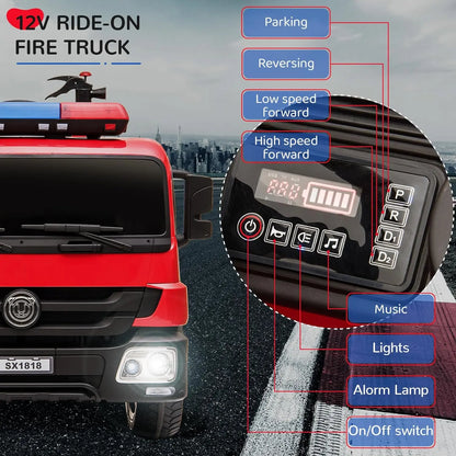 AOOU 12V Ride on Fire Truck, Kids Electric Vehicle, Battery Powered Car Toy w/Remote Control, Power Motorized Driving Car