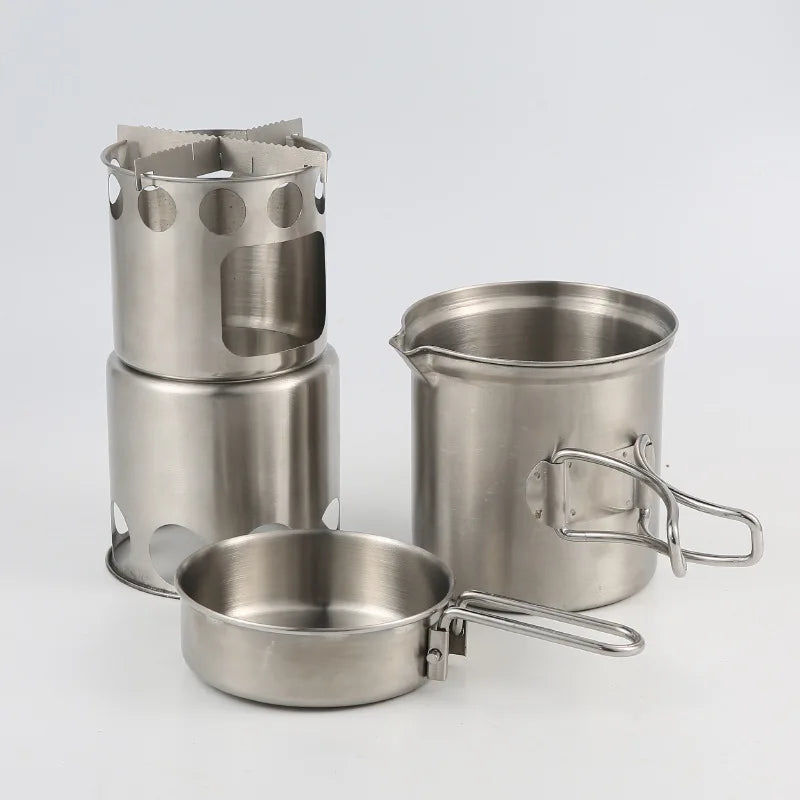 Portable Stainless Steel Wood Burning Camp Stove Set with 304 Cookware Pot for Outdoor Camping New