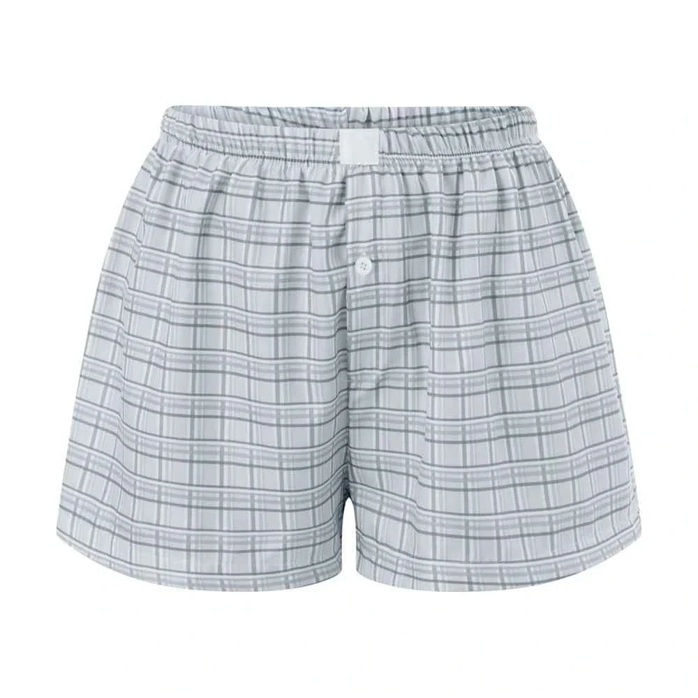 Women’s Y2K Retro Cleanfit Plaid Print Elastic Low Waist Button Front Aesthetic Loungewear Loose Shorts Boxers Streetwear