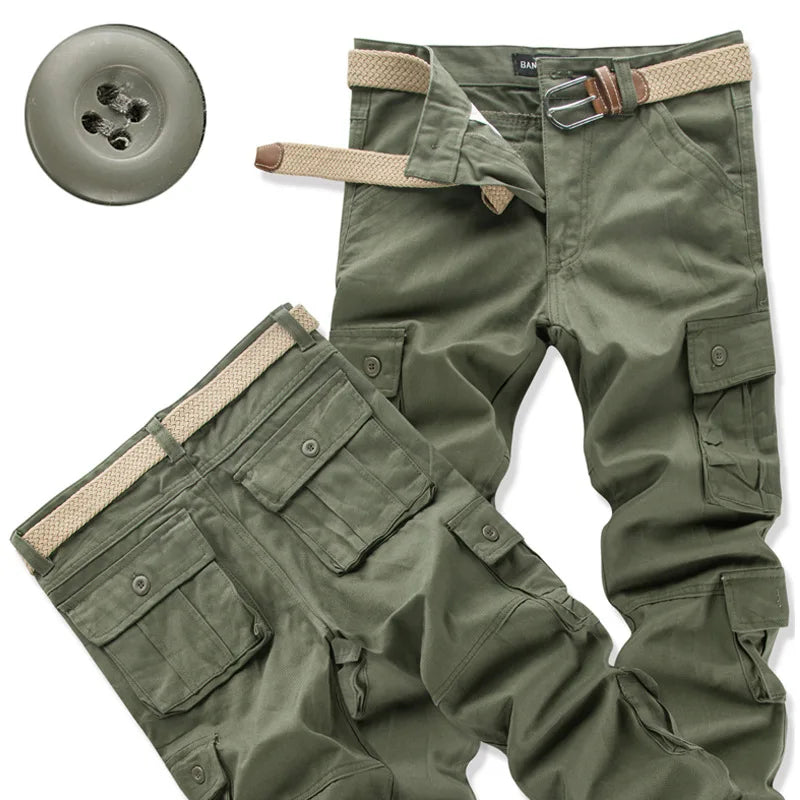 Men's Cotton Cargo Pants – Loose Fit, Multi-Pocket, Camo & Black, Waist 31-36