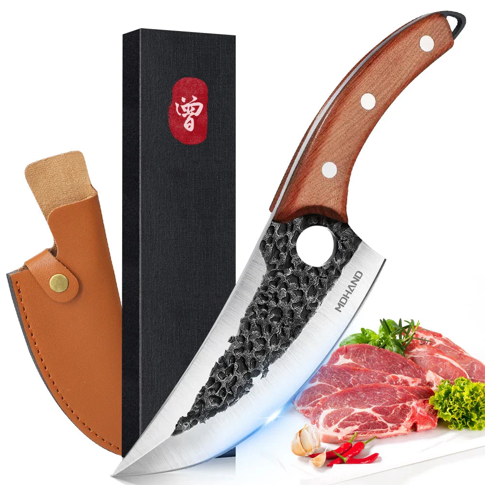 Hand Forged Stainless Steel Chef Knife – 4CR14 Steel, Rosewood Handle, PU Leather Sheath