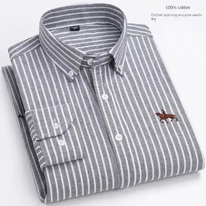 S~7XL 100% Pure Cotton Men's Long Sleeve Oxford Spinning Shirt Business Leisure Embroidery Pocket Slim Fit Button Style Soft Med