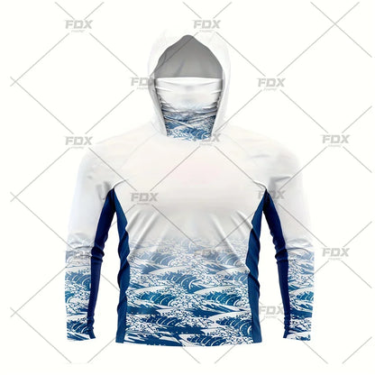 Army Green Camo Colorful Hoodie with Face Mask UV 50+Gaiter Fishing Clothing Men's Long sleeved Breathable Quick Drying T-shirt