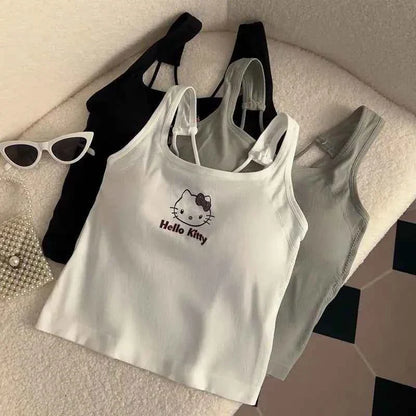 Summer Cute Girly Style HelloKitty Printed Suspender Vest with Chest Pad Slim Pinch Waist Versatile Vintage Top