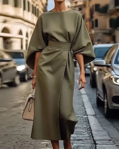 Spring Fashion Solid Color Dress Women Sexy Round Neck Bat Sleeve High Waist Dress Elegant Commuting Dresses for Women Summer