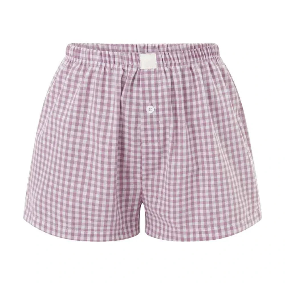 Women’s Y2K Retro Cleanfit Plaid Print Elastic Low Waist Button Front Aesthetic Loungewear Loose Shorts Boxers Streetwear