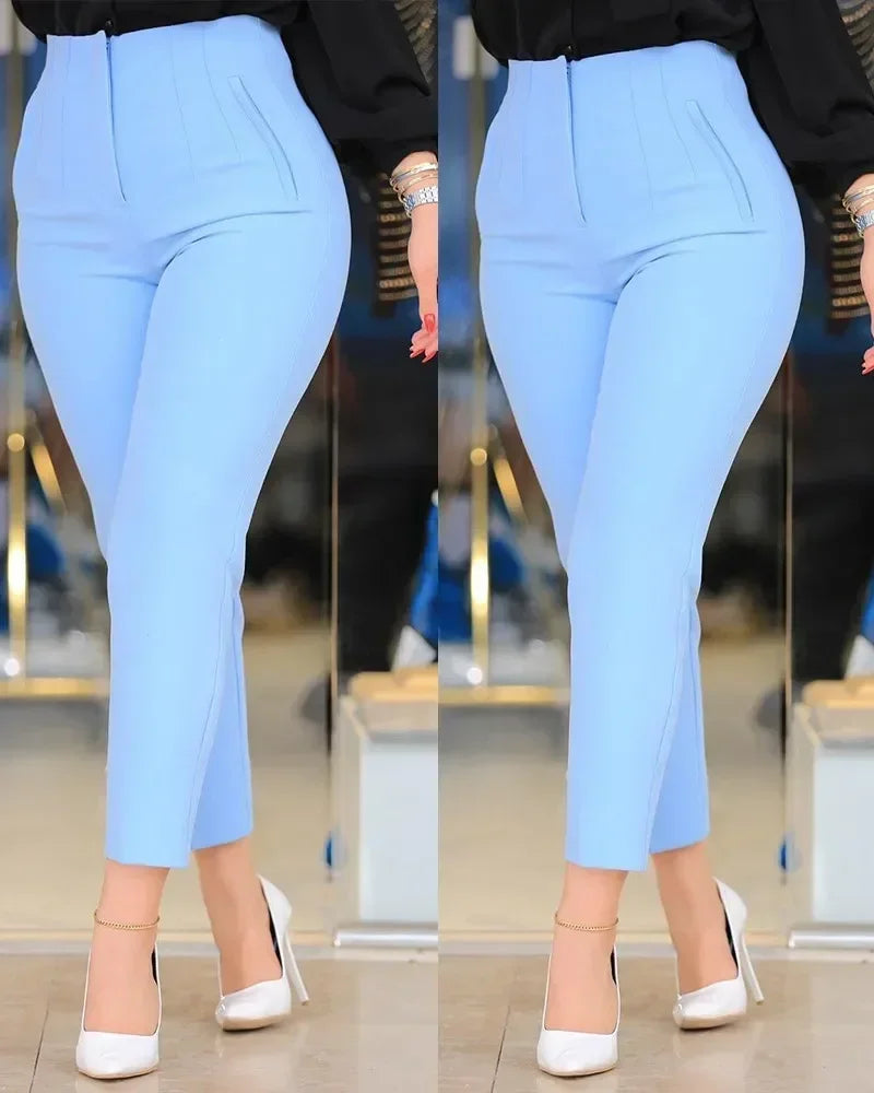 Elegant Pleated Waist Work Pants For Women White All-Match Daily OL Laides Fashion Office Formal Wear High Waisted Trousers