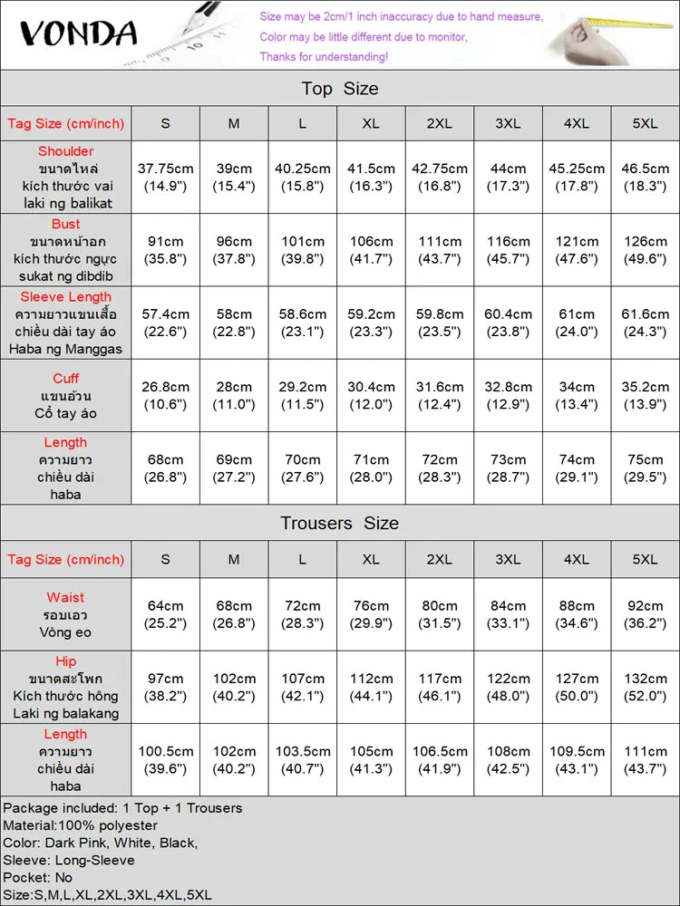 Plus Size VONDA 2024 Women Ruffled Sets Fashion Solid Color Suits Long Sleeve Irregular Top Patchwork Fitting Outfits 2pcs