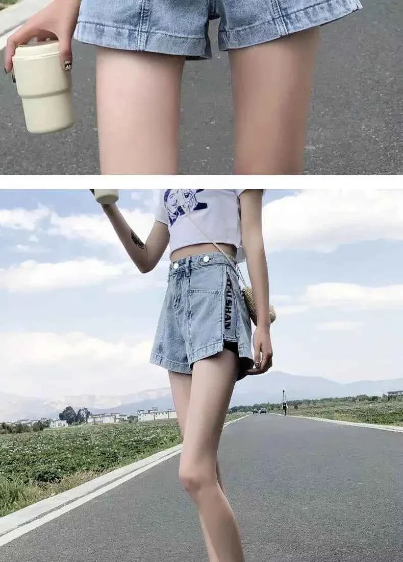 Women's Korean Y2K Black Denim Shorts Summer Thin High Waist A-Line Loose Wide Leg Slimming Hot Pants