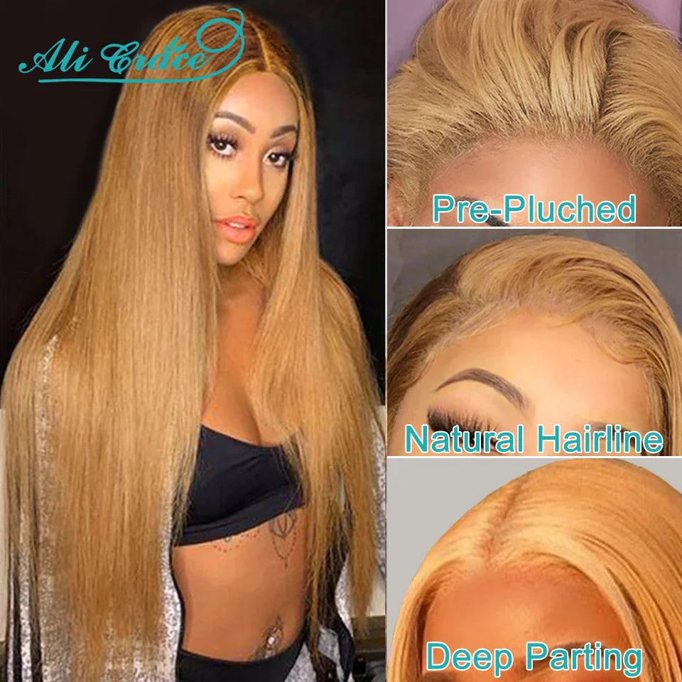 Brown Blonde Color 27 Straight Lace Closure Wig with Baby Hair Ali Grace 24 inch Pre-Plucked Brazilian Straight 4x4 Closure Wig