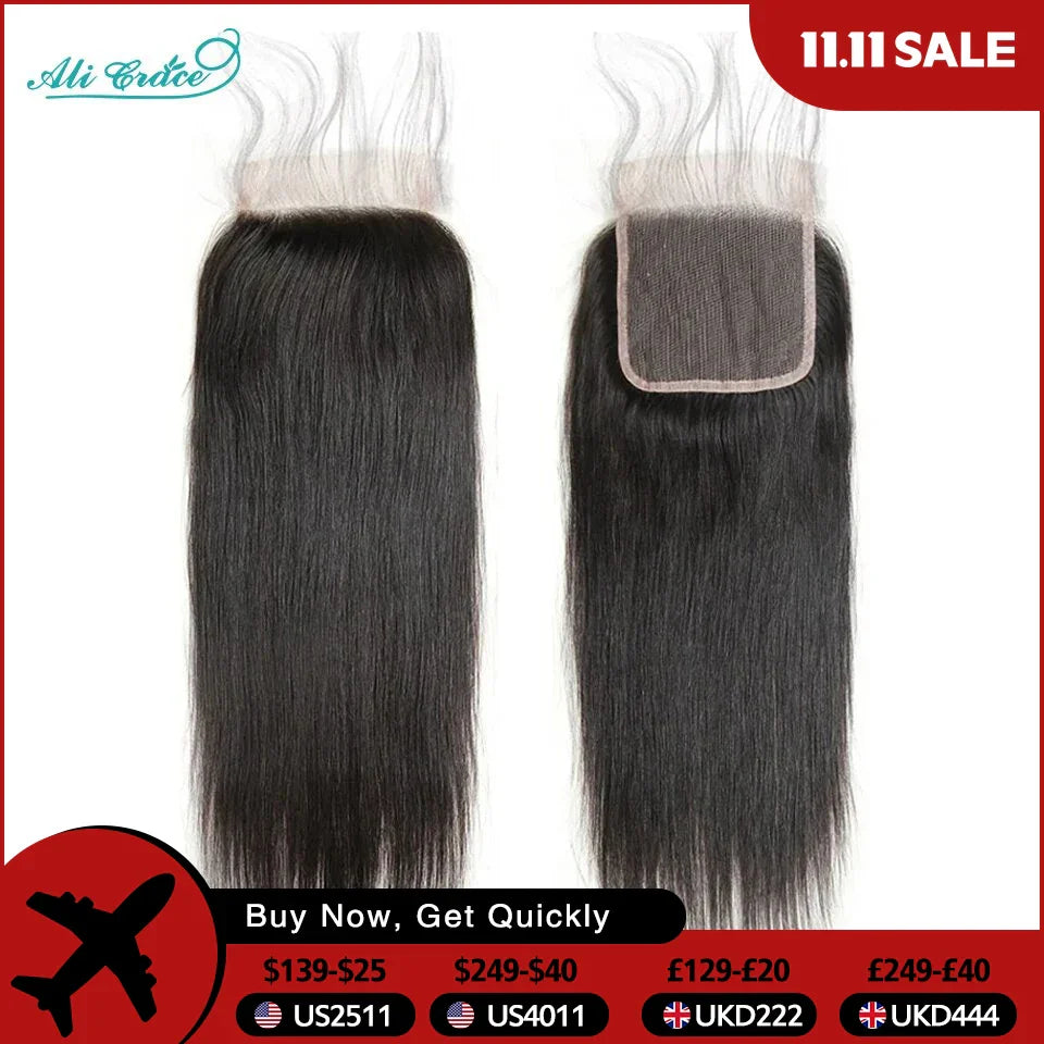 Ali Grace 5x5 HD Closure Brazilian Straight Hair HD/Transparent Lace Closure Pure-Hand Tied Human Hair Lace Closure 14-20Inch