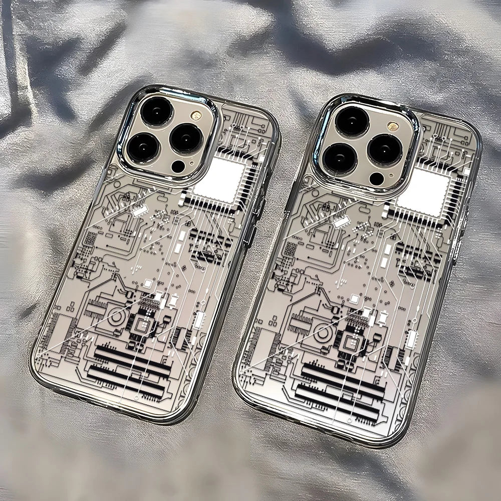 Advanced Circuit Board Phone Case For iPhone 17 Pro Max Air 16 15 14 13 12 Pro 11 Luxury Plating Transparent Soft Bumper Cover