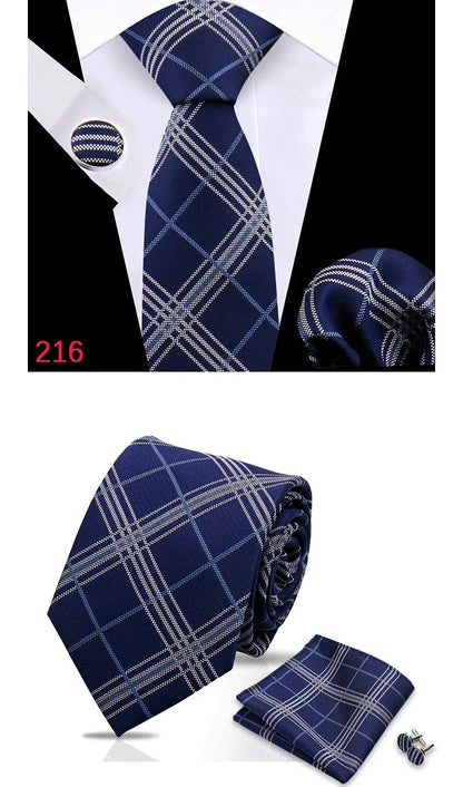 Luxury Plaid Tie For Mens Necktie Handkerchief Pocket Square Cufflinks Set Jacquard Woven Ties Wedding Business Accessories