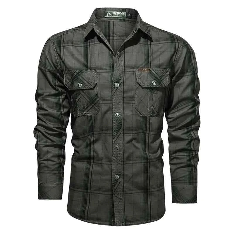 Men Plaid Casual Shirts Male Military Outdoor Loose Multi-pockets Tooling Shirts High Quality Man Large Long-sleeved Shirts 5XL