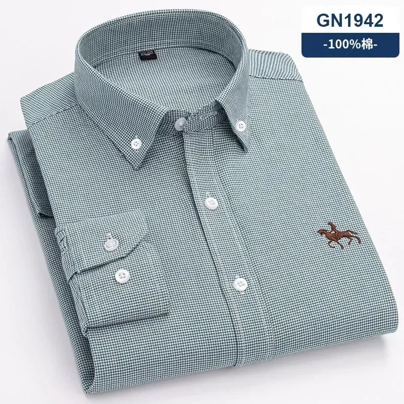 S~7XL 100% Pure Cotton Men's Long Sleeve Oxford Spinning Shirt Business Leisure Embroidery Pocket Slim Fit Button Style Soft Med