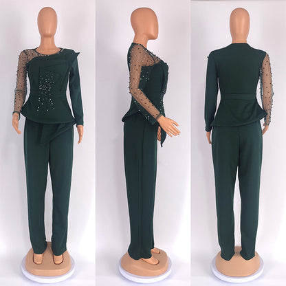 CM.YAYA Vintage Women  Beading Mesh Patchwork Ruffles Fan-shaped Blazer Tops and Pants Suit Two 2 Piece Set Outfits Tracksuit