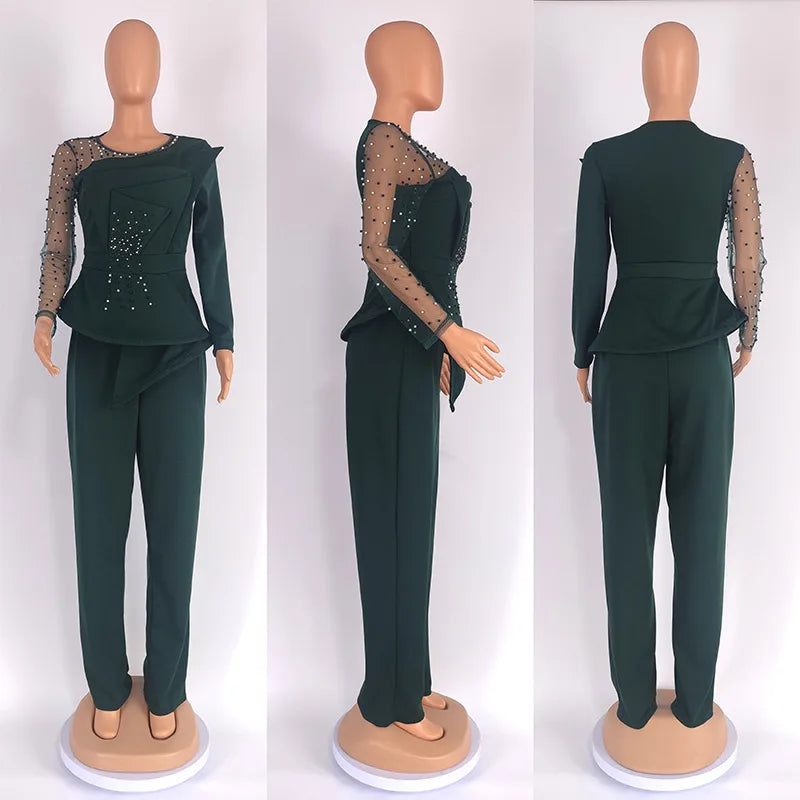 CM.YAYA Vintage Women  Beading Mesh Patchwork Ruffles Fan-shaped Blazer Tops and Pants Suit Two 2 Piece Set Outfits Tracksuit