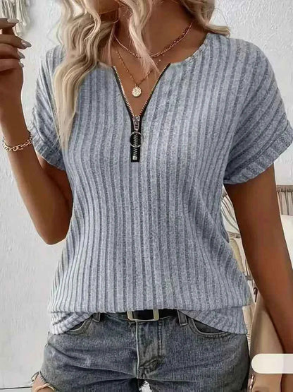 Women's Zipper Stripe Short Sleeve  T-Shirt 2025 Fashion Casual Top for Ladies