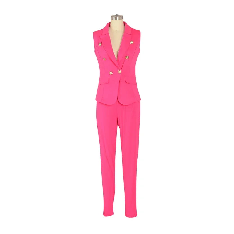 Business Work Wear Two Piece Pant Suits for Women Sets Elegant Sleeveless Blazer Top and Pencil Pants Office Lady Matching Sets