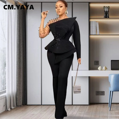 CM.YAYA Vintage Women  Beading Mesh Patchwork Ruffles Fan-shaped Blazer Tops and Pants Suit Two 2 Piece Set Outfits Tracksuit