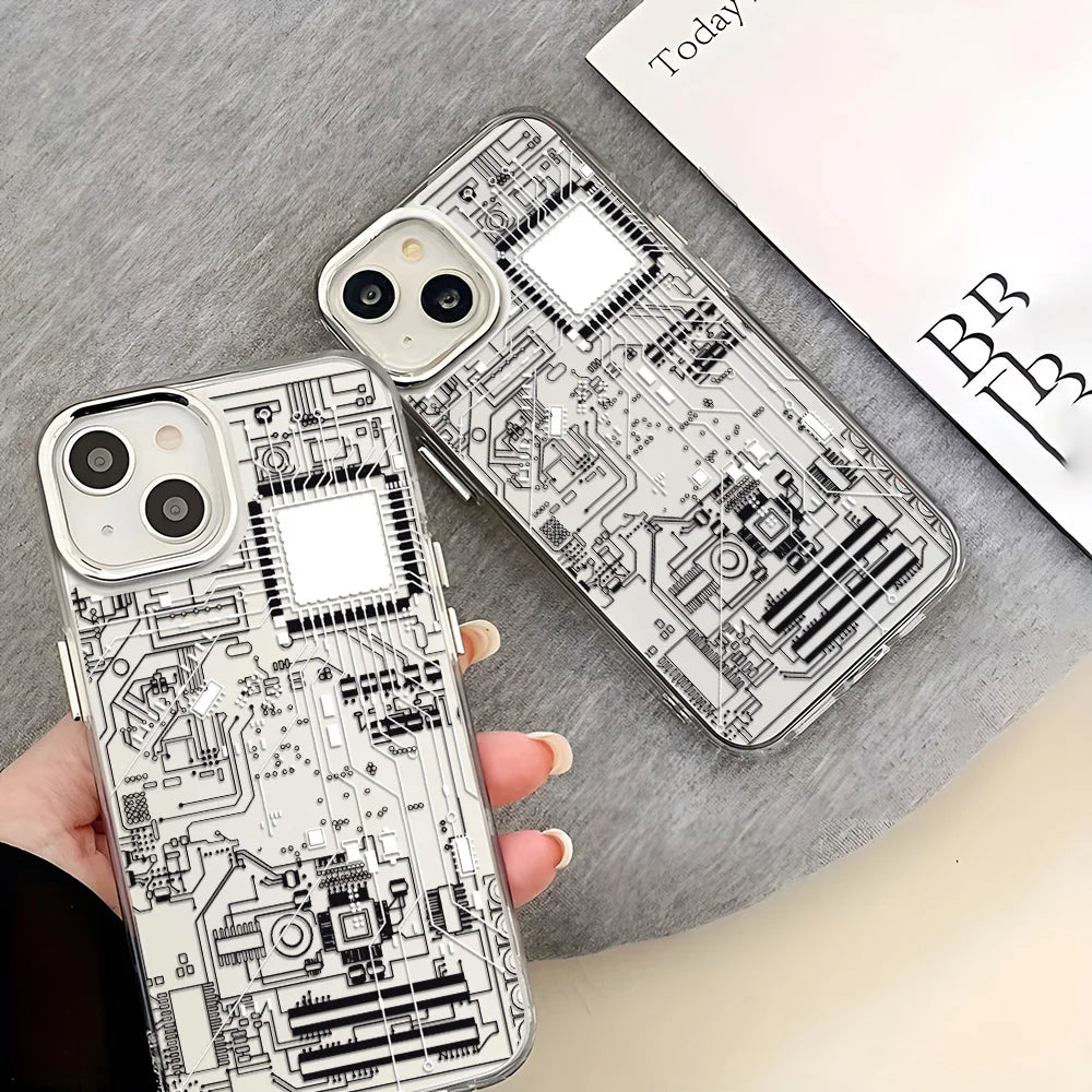 Advanced Circuit Board Phone Case For iPhone 17 Pro Max Air 16 15 14 13 12 Pro 11 Luxury Plating Transparent Soft Bumper Cover